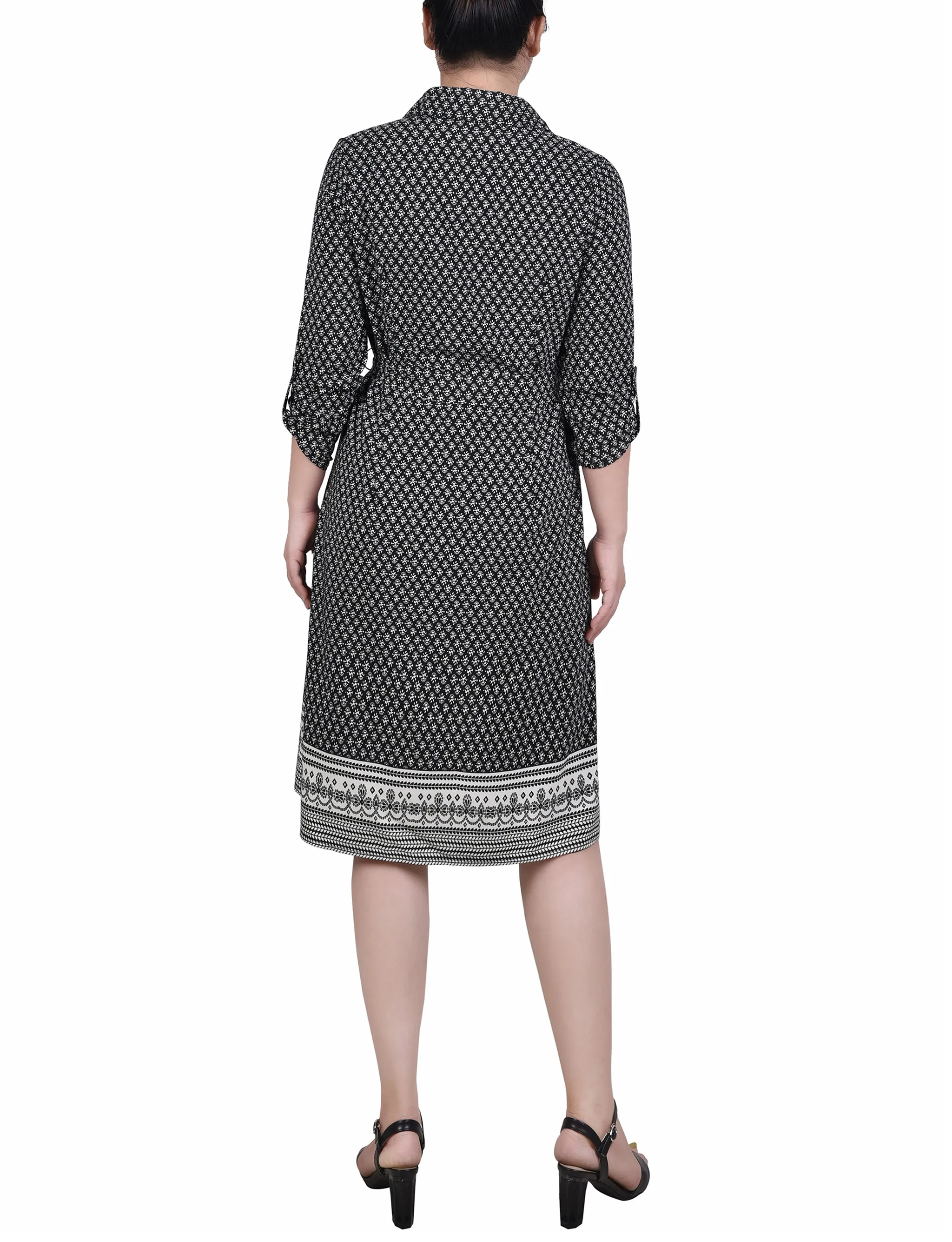 Petite 3/4 Roll Tab Sleeve Belted Shirtdress