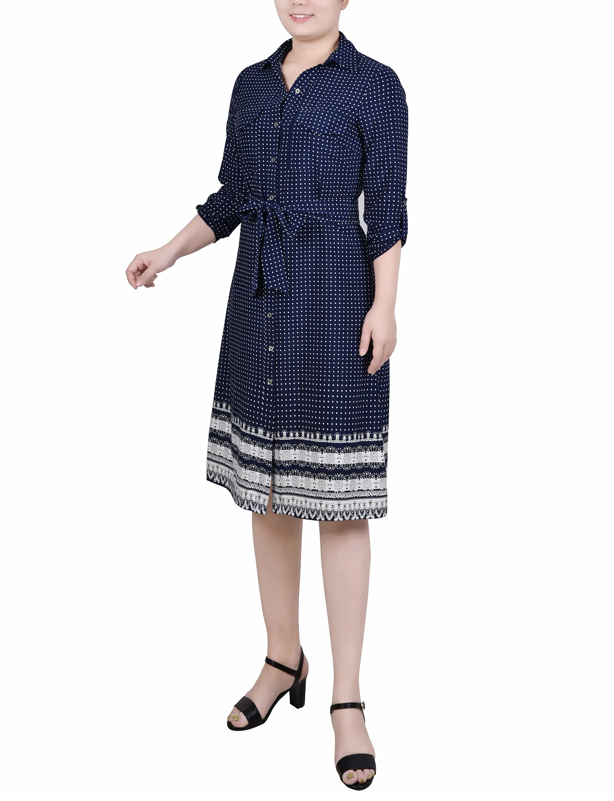Petite 3/4 Roll Tab Sleeve Belted Shirtdress