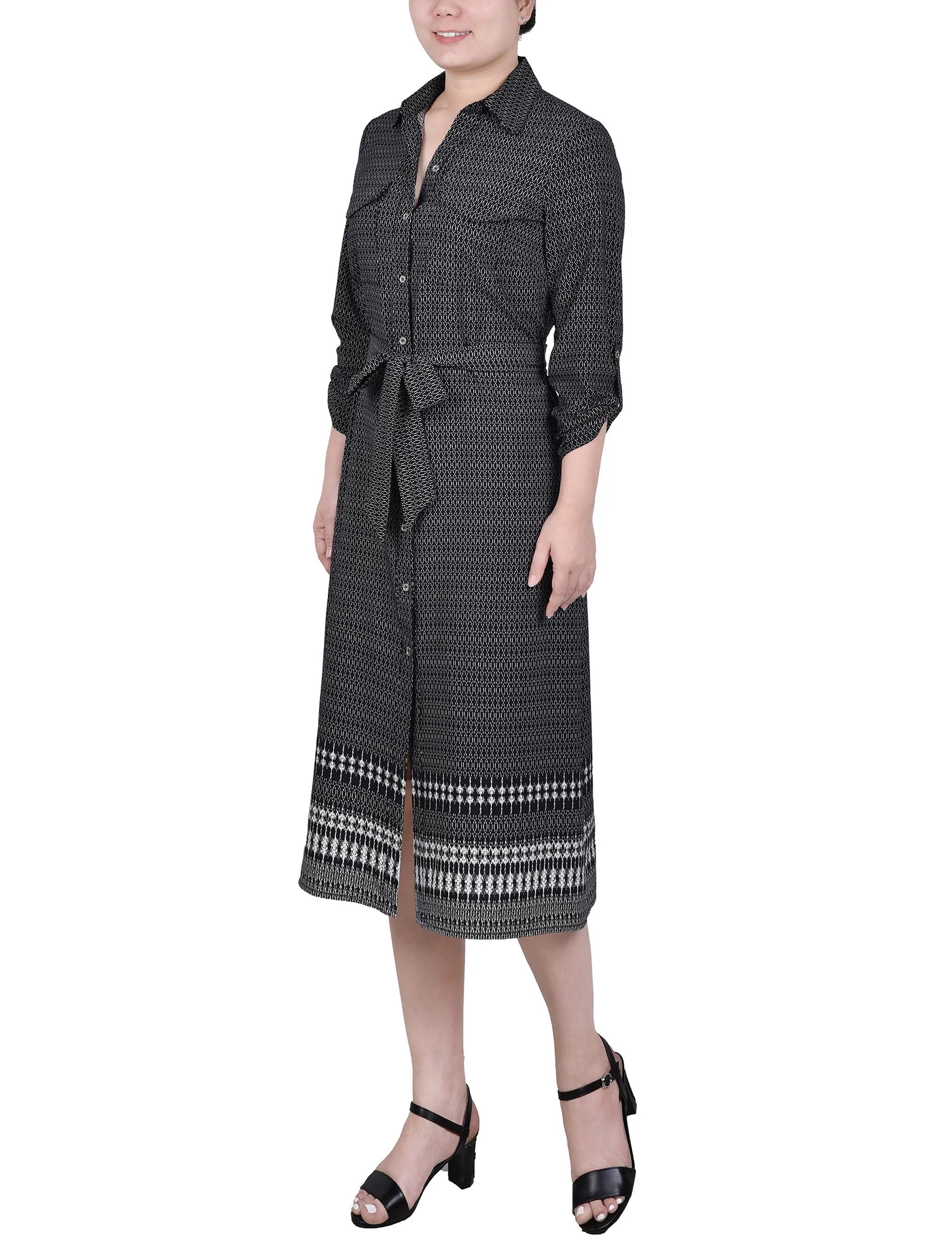 Petite 3/4 Roll Tab Sleeve Belted Shirtdress