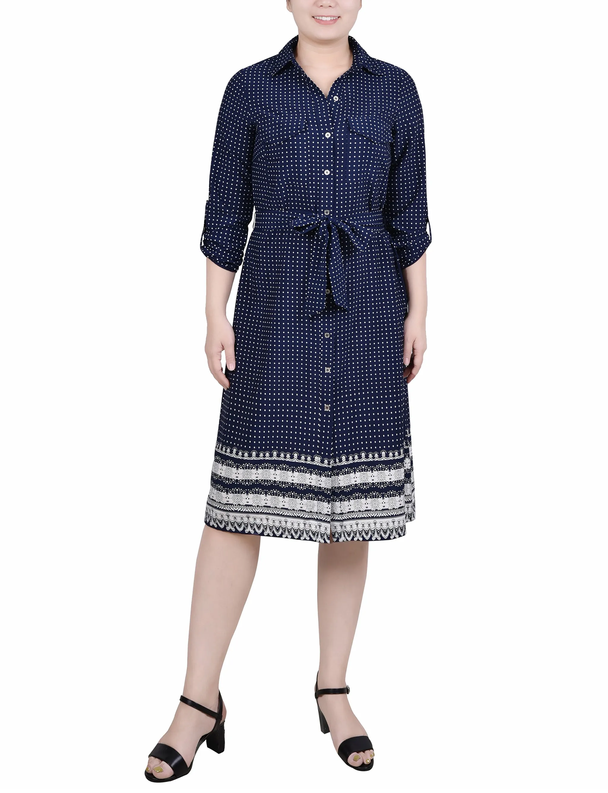 Petite 3/4 Roll Tab Sleeve Belted Shirtdress