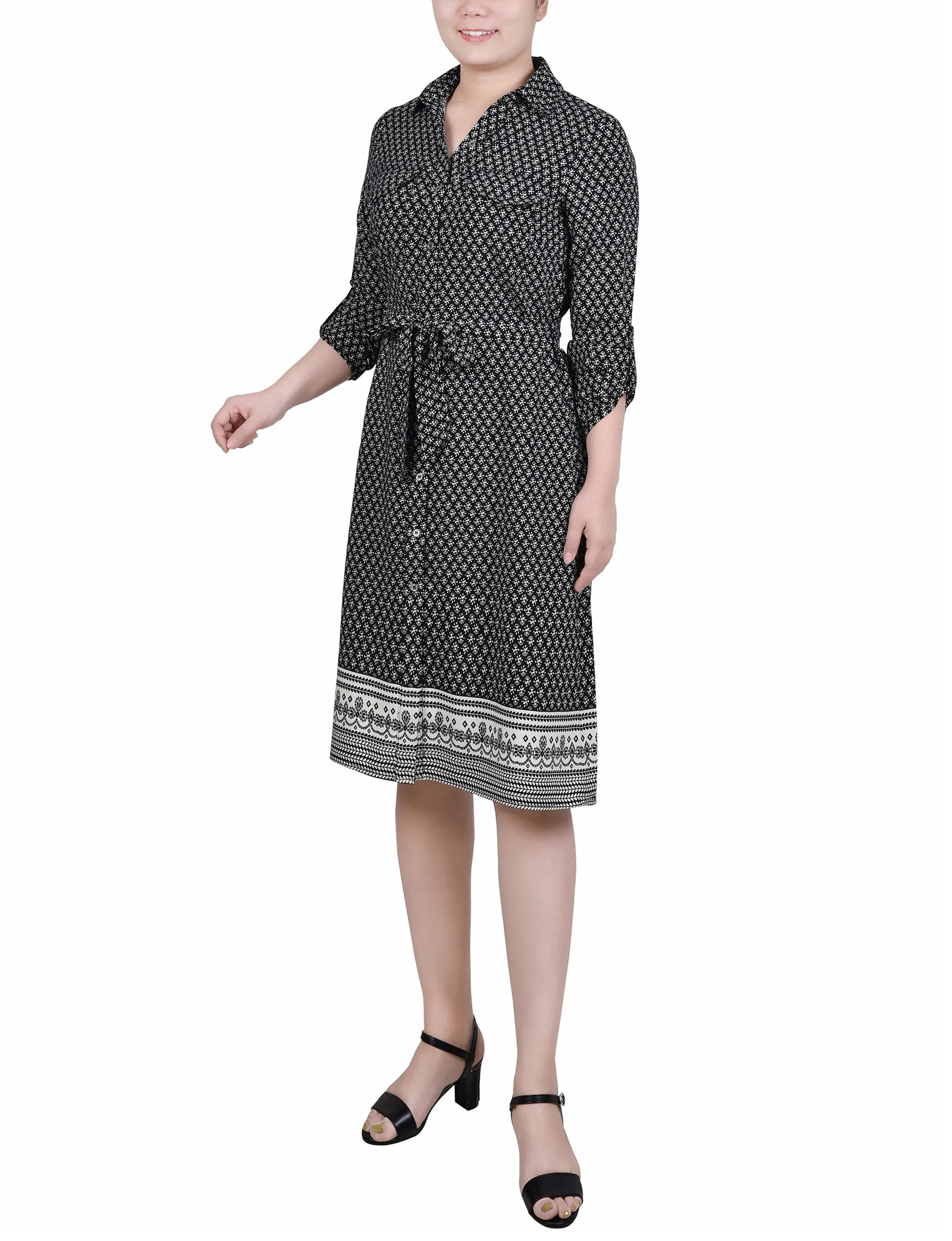 Petite 3/4 Roll Tab Sleeve Belted Shirtdress