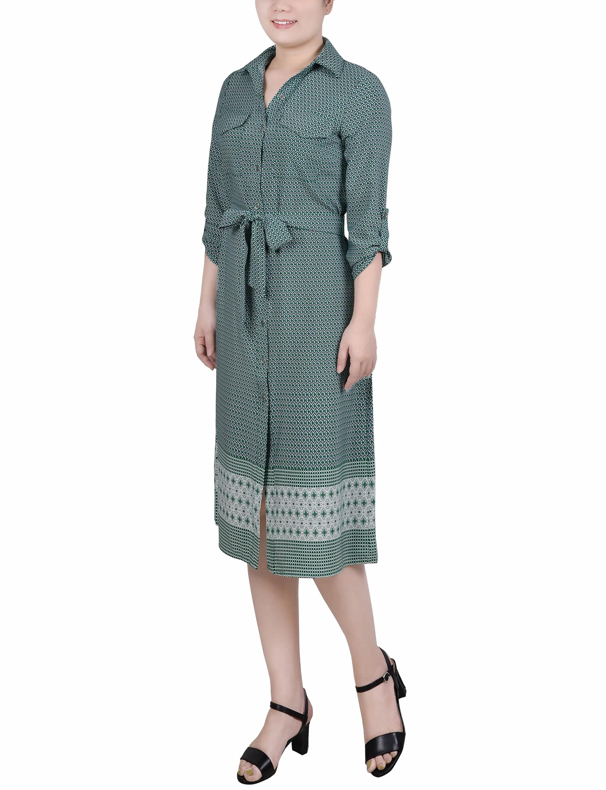 Petite 3/4 Roll Tab Sleeve Belted Shirtdress