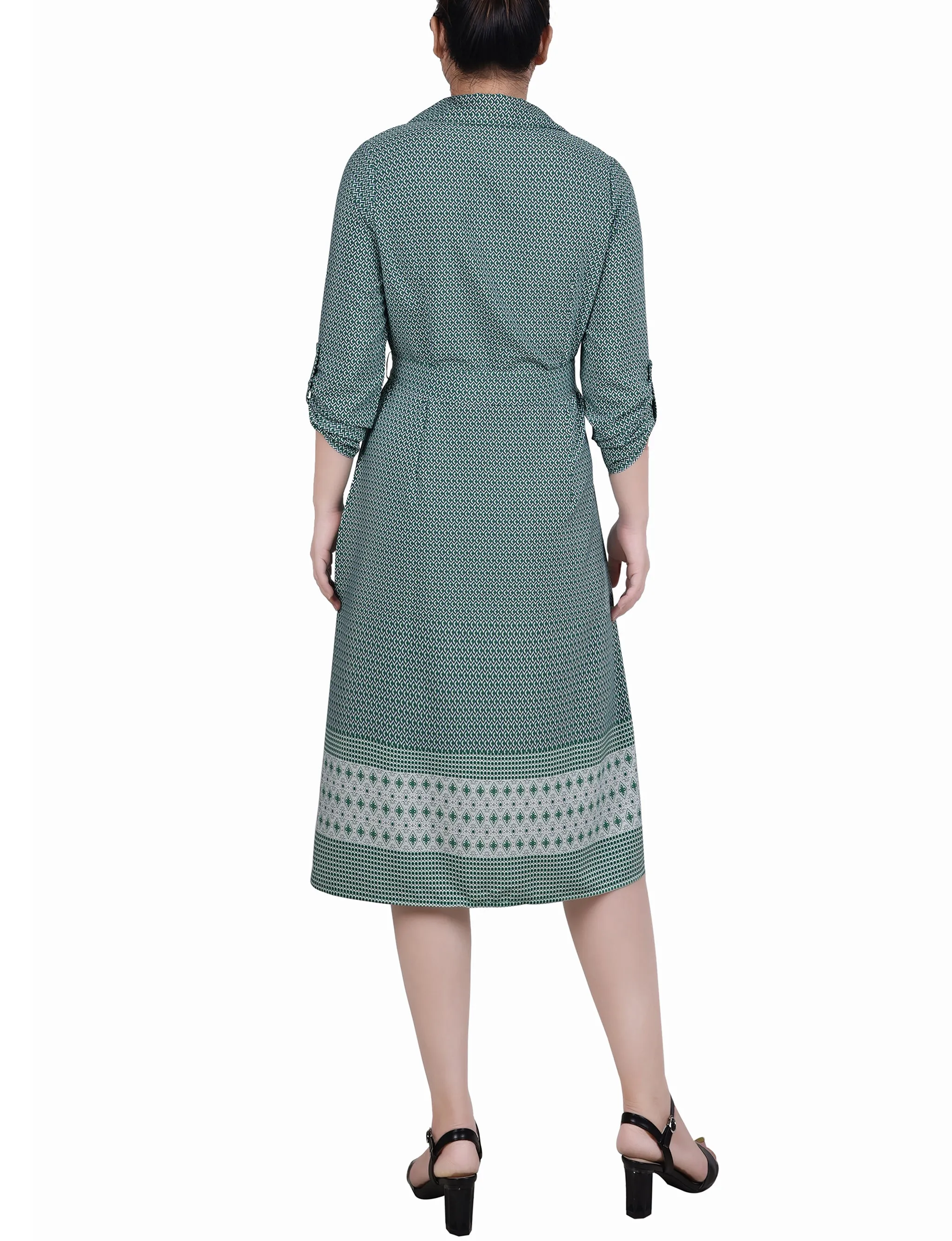 Petite 3/4 Roll Tab Sleeve Belted Shirtdress