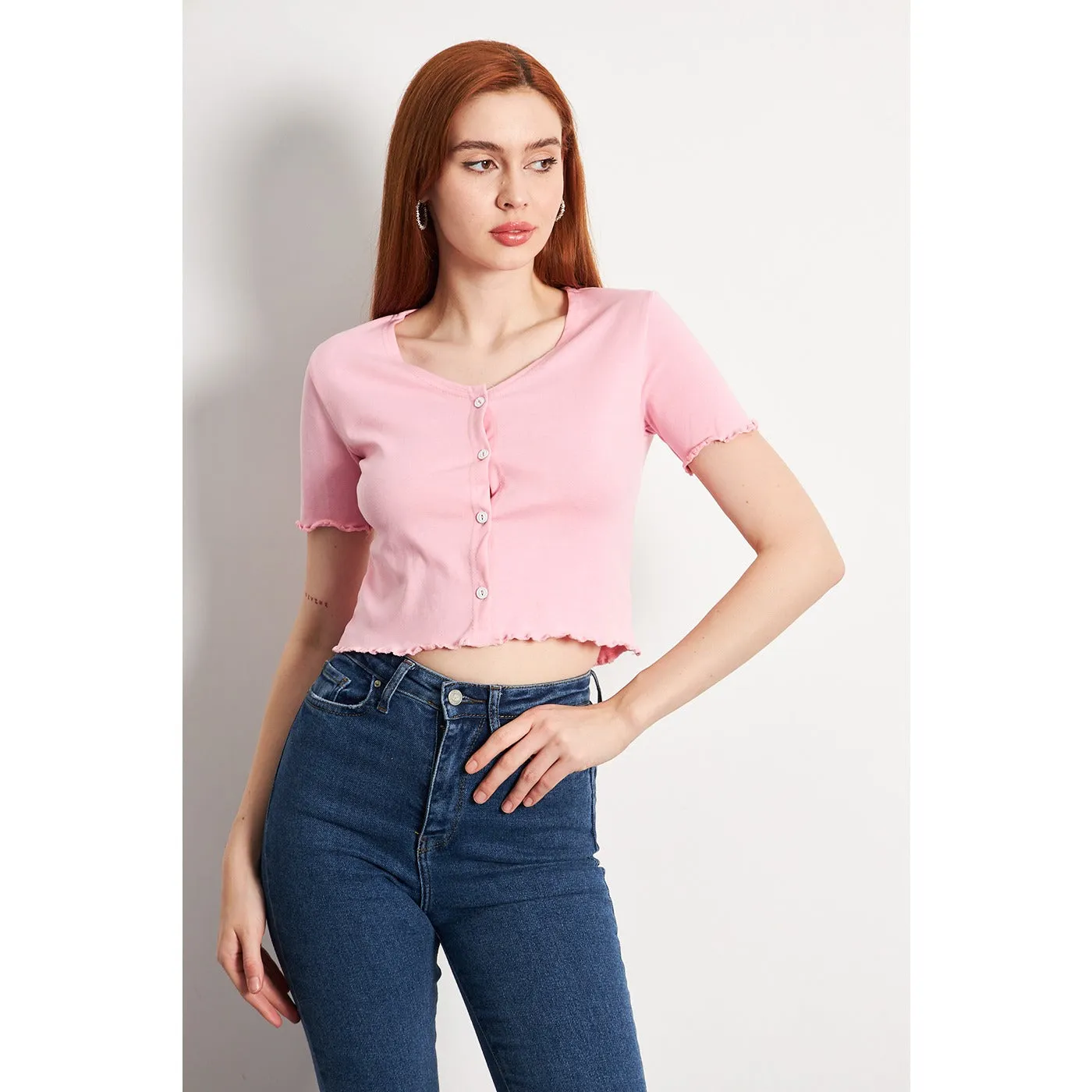 Pink Button Down Crop Top