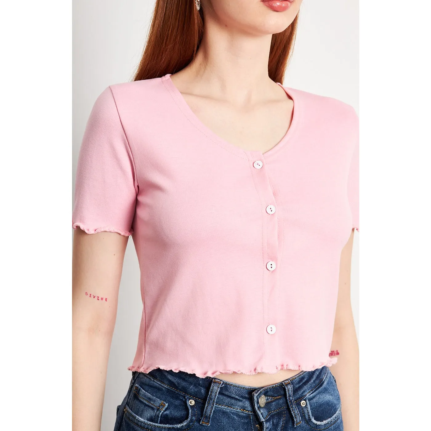 Pink Button Down Crop Top