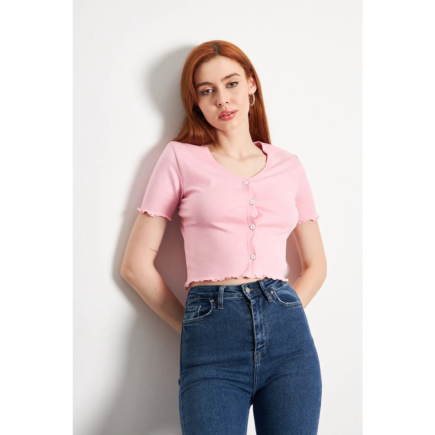 Pink Button Down Crop Top