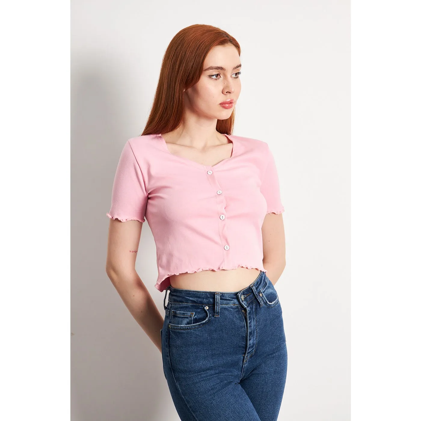 Pink Button Down Crop Top