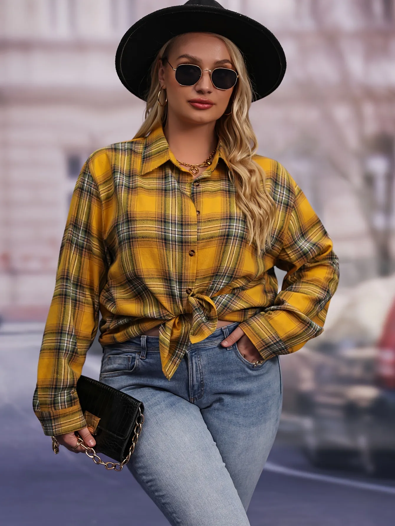 Plaid Print Button Up Shirt Stylish Plus Size Fashion for Women
