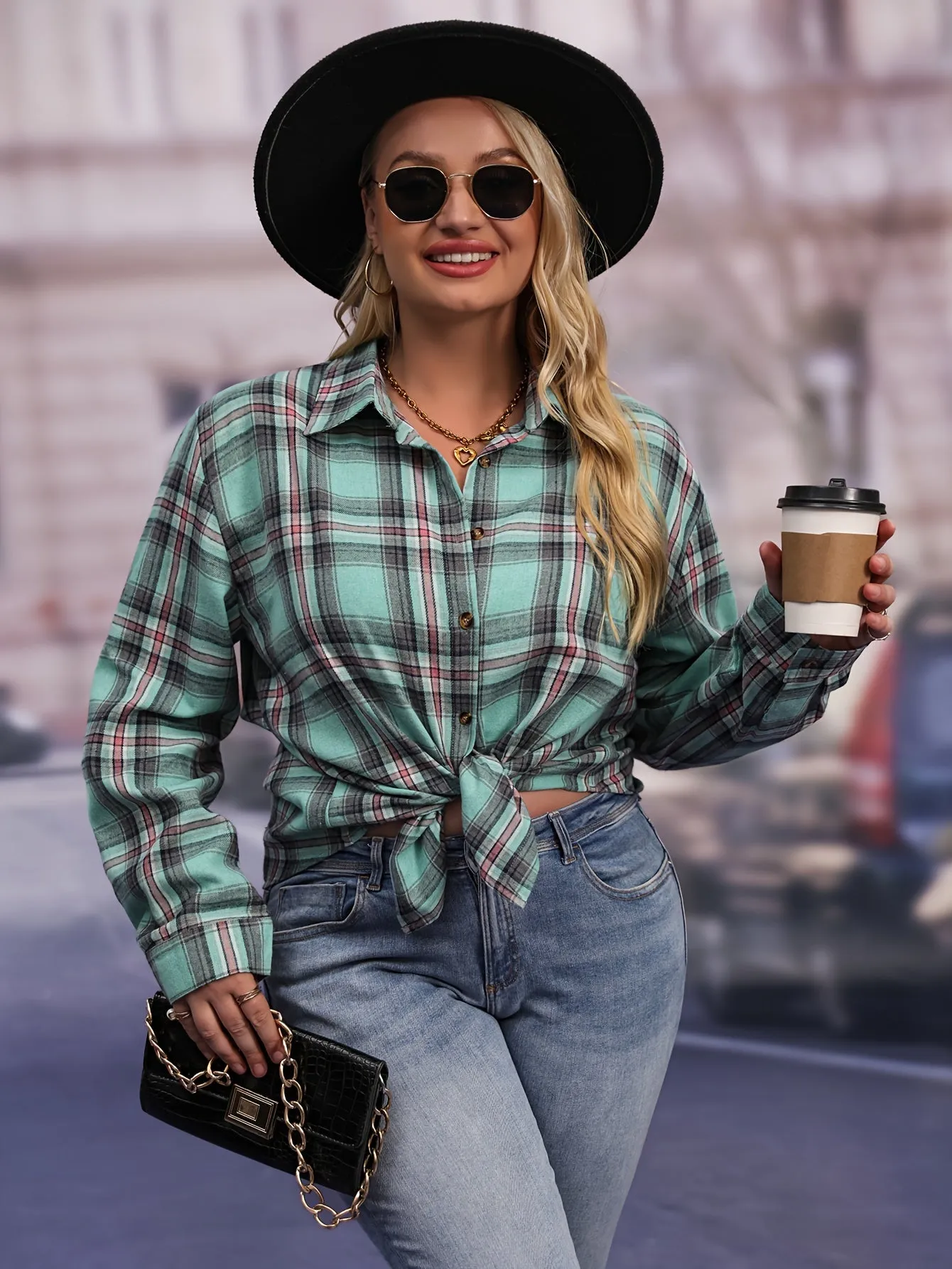 Plaid Print Button Up Shirt Stylish Plus Size Fashion for Women