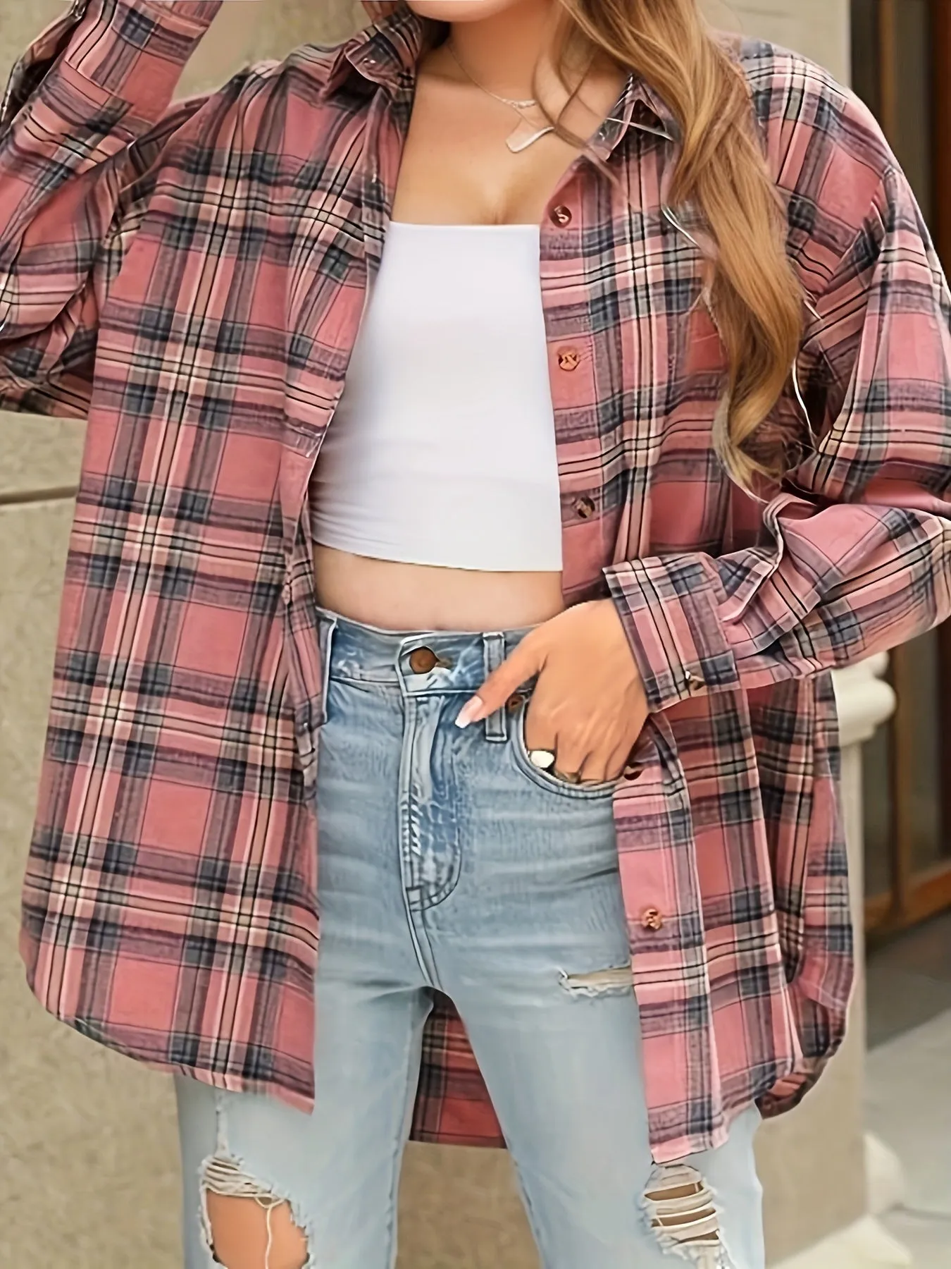 Plaid Print Button Up Shirt Stylish Plus Size Fashion for Women