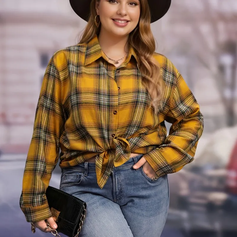 Plaid Print Button Up Shirt Stylish Plus Size Fashion for Women