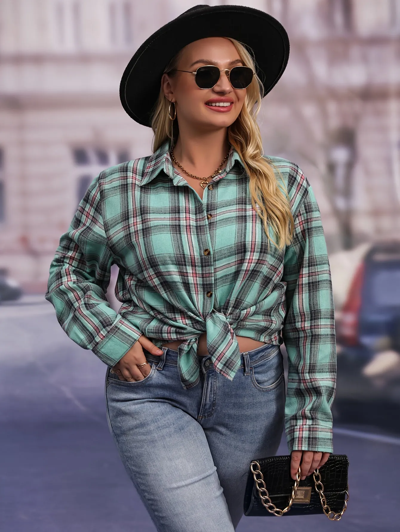 Plaid Print Button Up Shirt Stylish Plus Size Fashion for Women