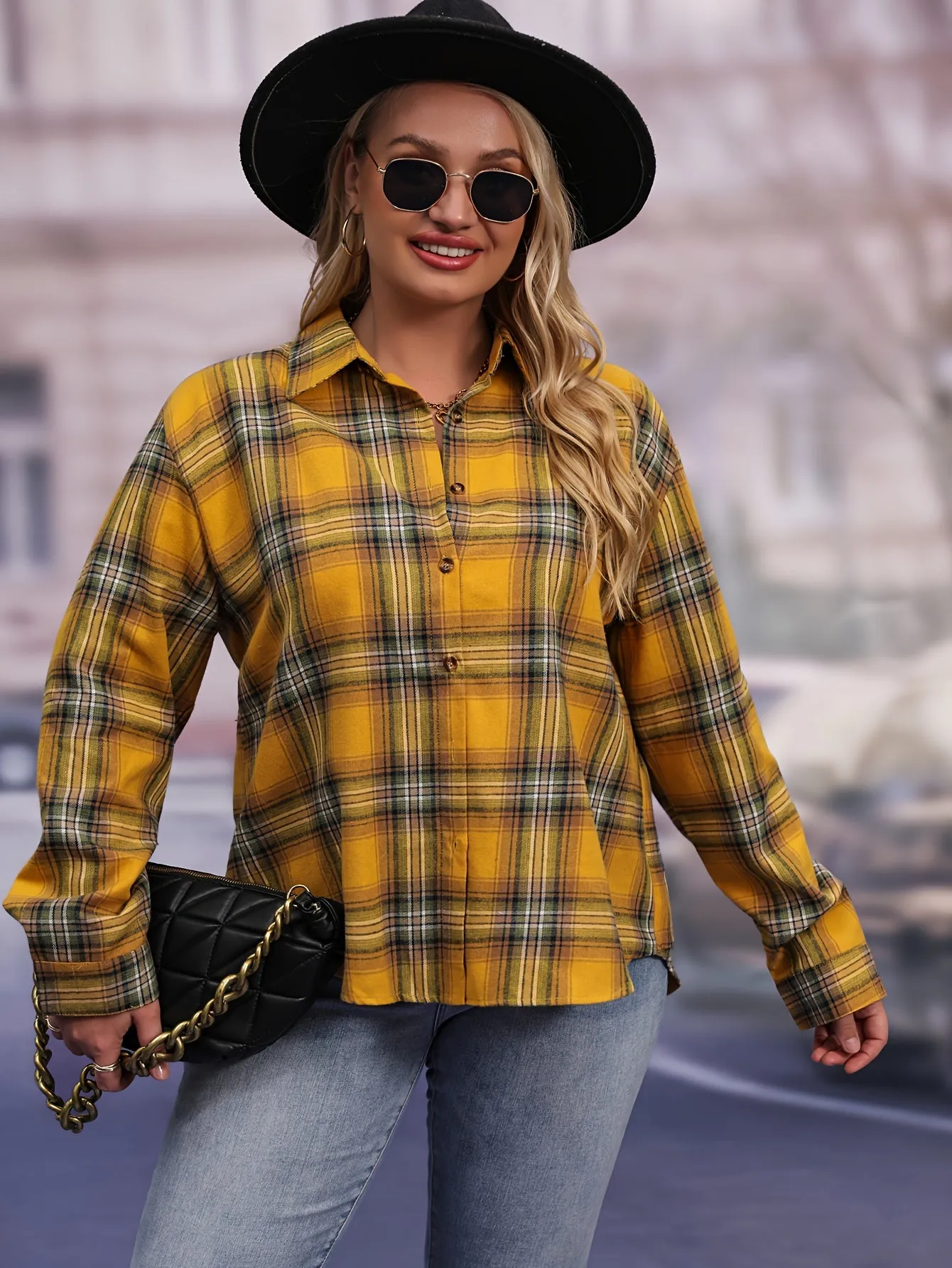 Plaid Print Button Up Shirt Stylish Plus Size Fashion for Women