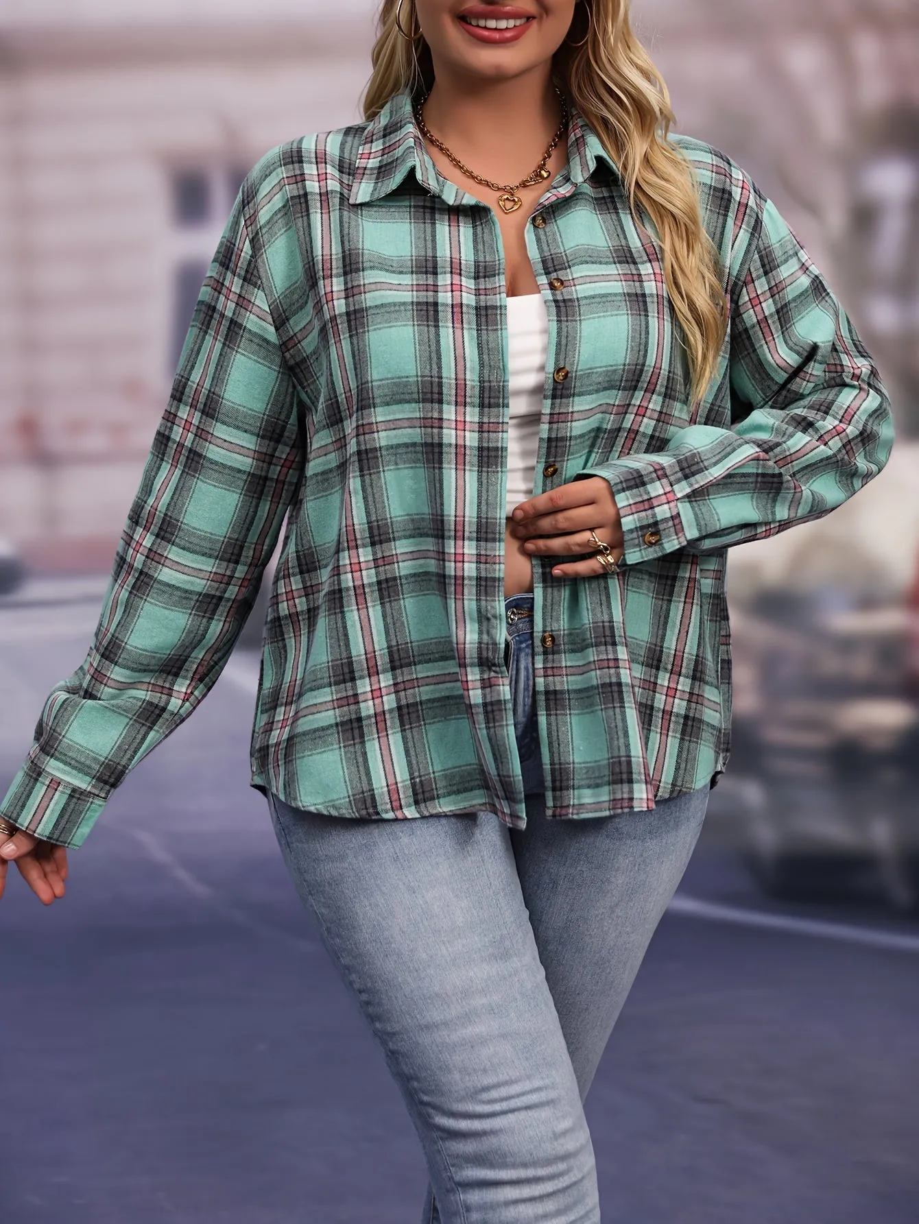 Plaid Print Button Up Shirt Stylish Plus Size Fashion for Women