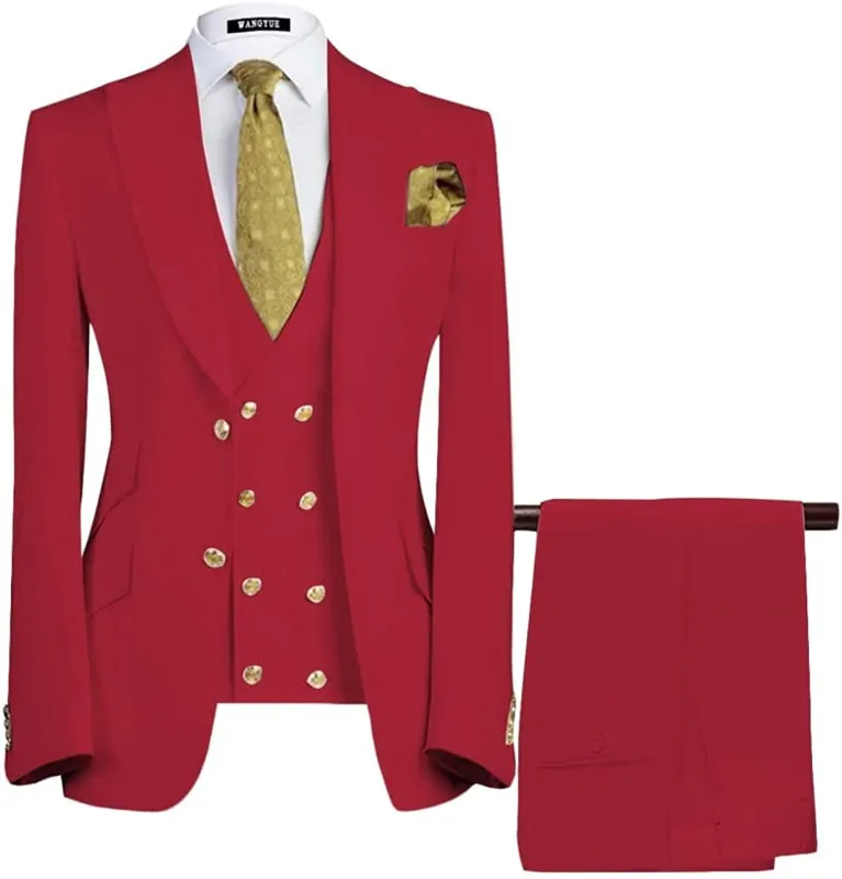 Red Three Pieces Peaked Lapel Prom Suits Men Tuxedo
