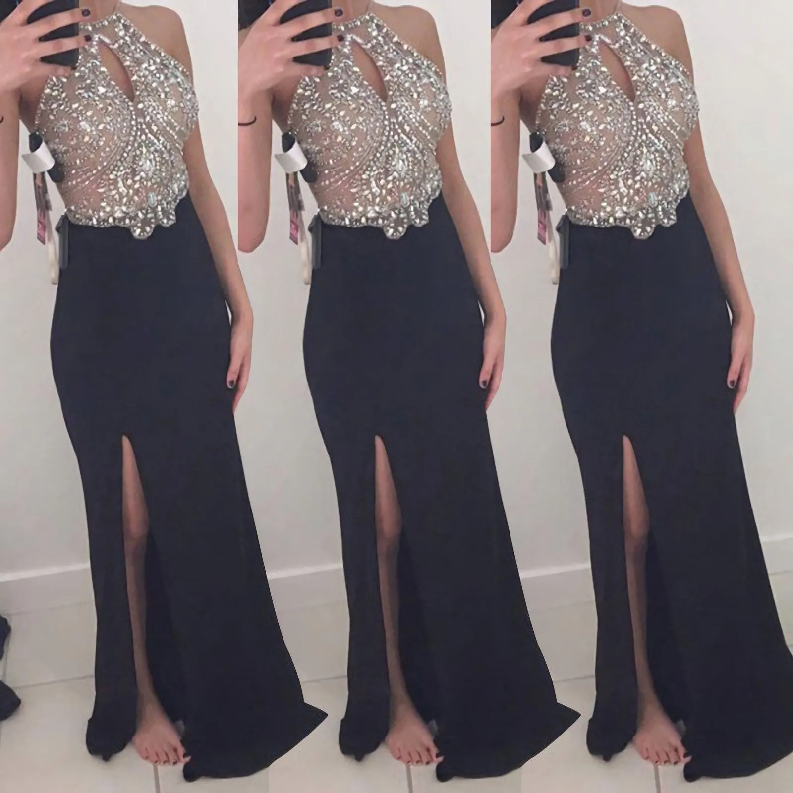 Sexy Black Beading Mermaid Long Black Prom Dresses