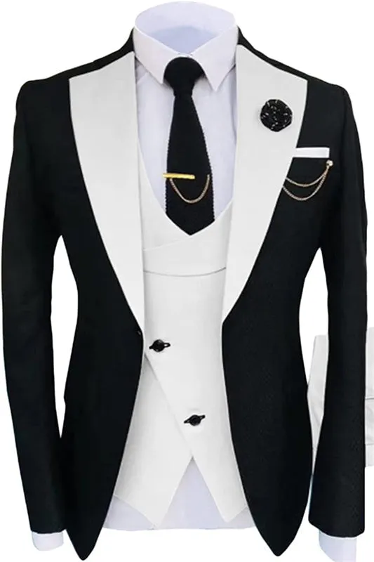 Simple White Shawl Lapel Three Pieces Black Prom Suits
