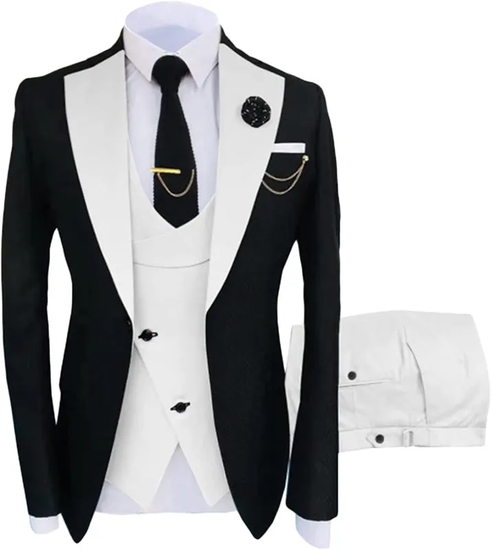 Simple White Shawl Lapel Three Pieces Black Prom Suits