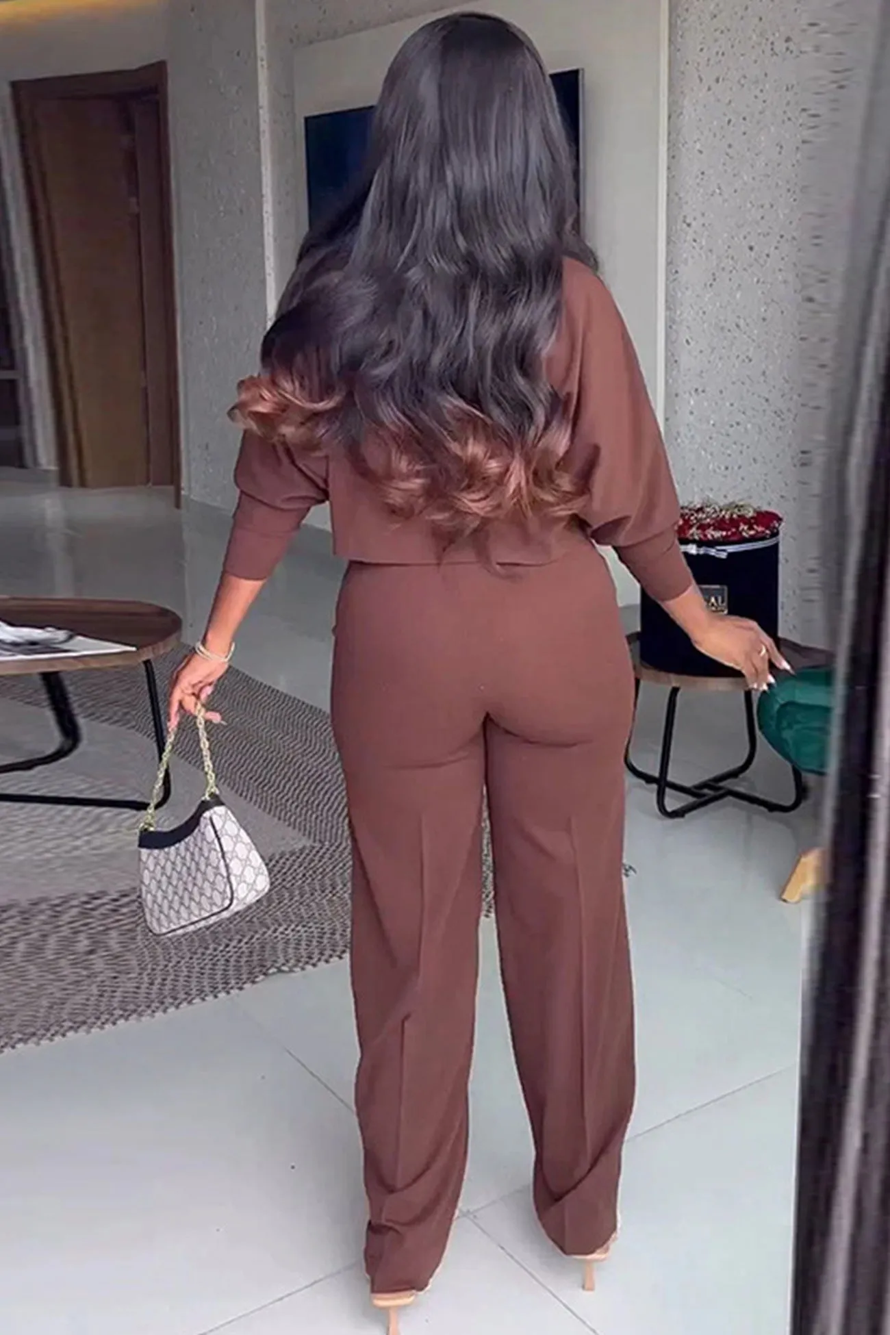 Stand Neck Cropped Shirt Cutout Long Pants Suits
