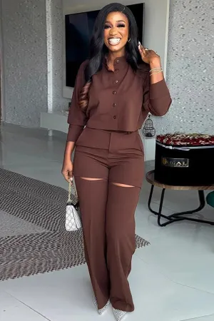 Stand Neck Cropped Shirt Cutout Long Pants Suits