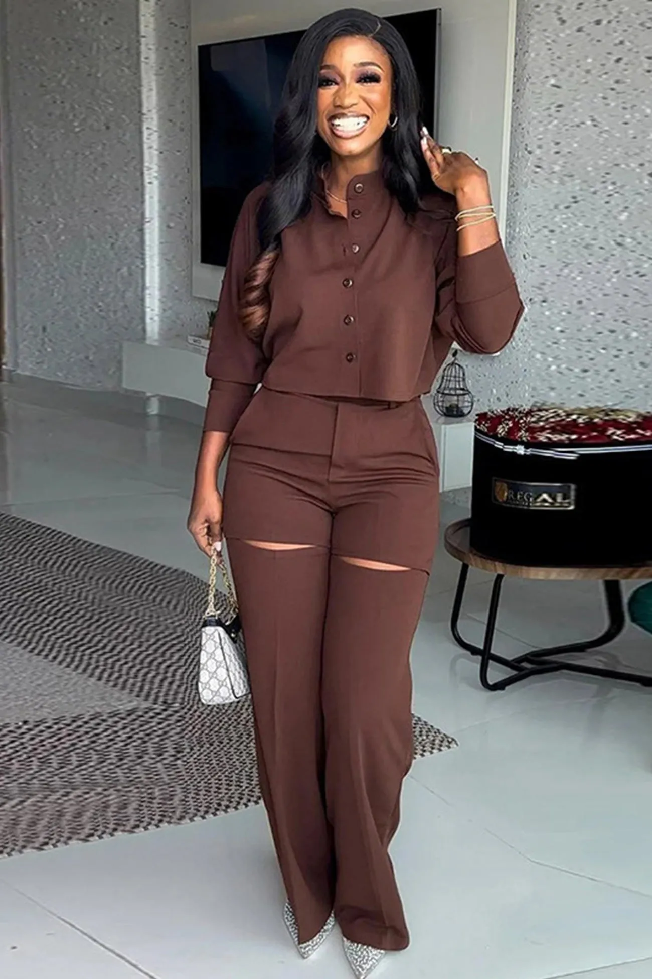 Stand Neck Cropped Shirt Cutout Long Pants Suits