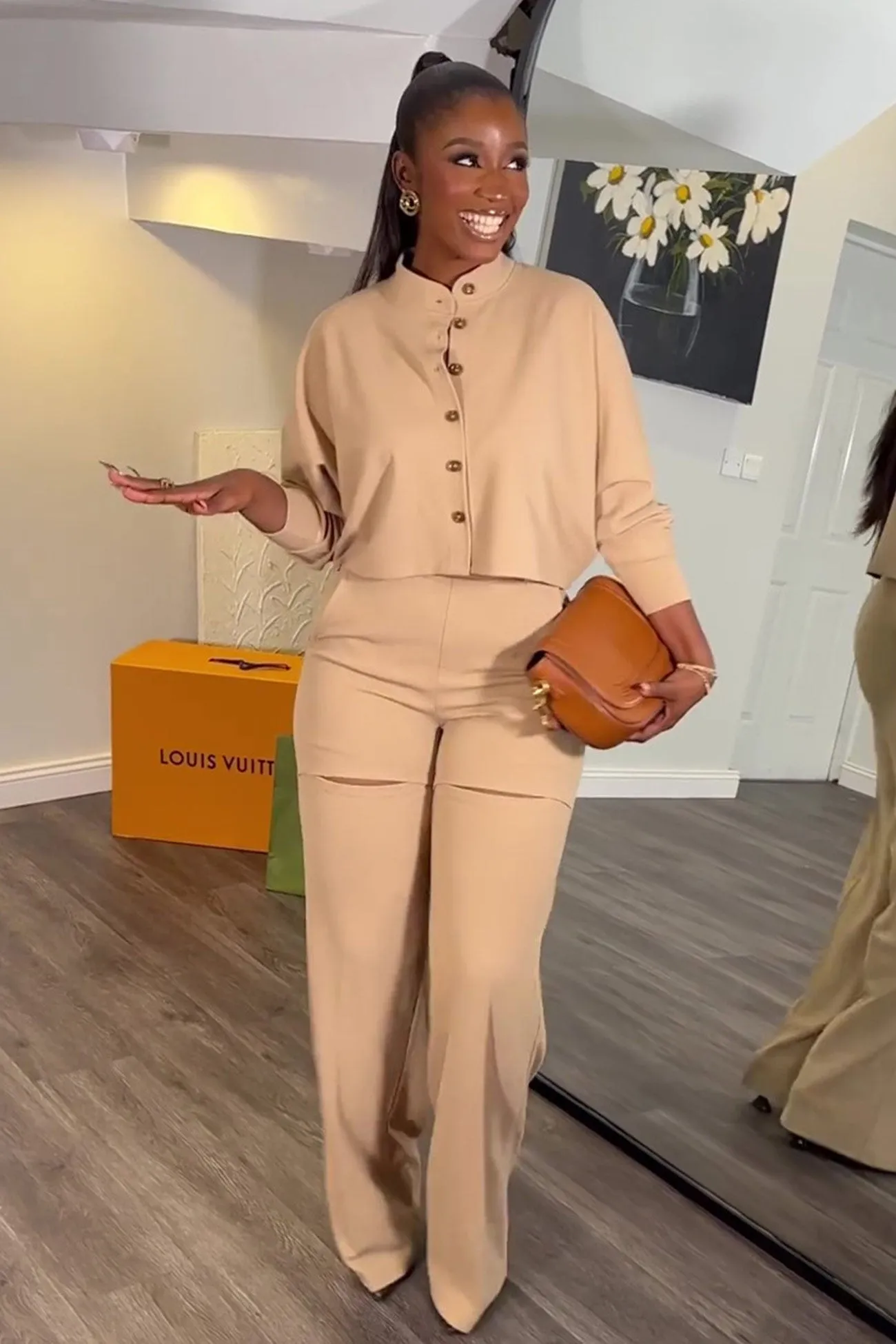 Stand Neck Cropped Shirt Cutout Long Pants Suits