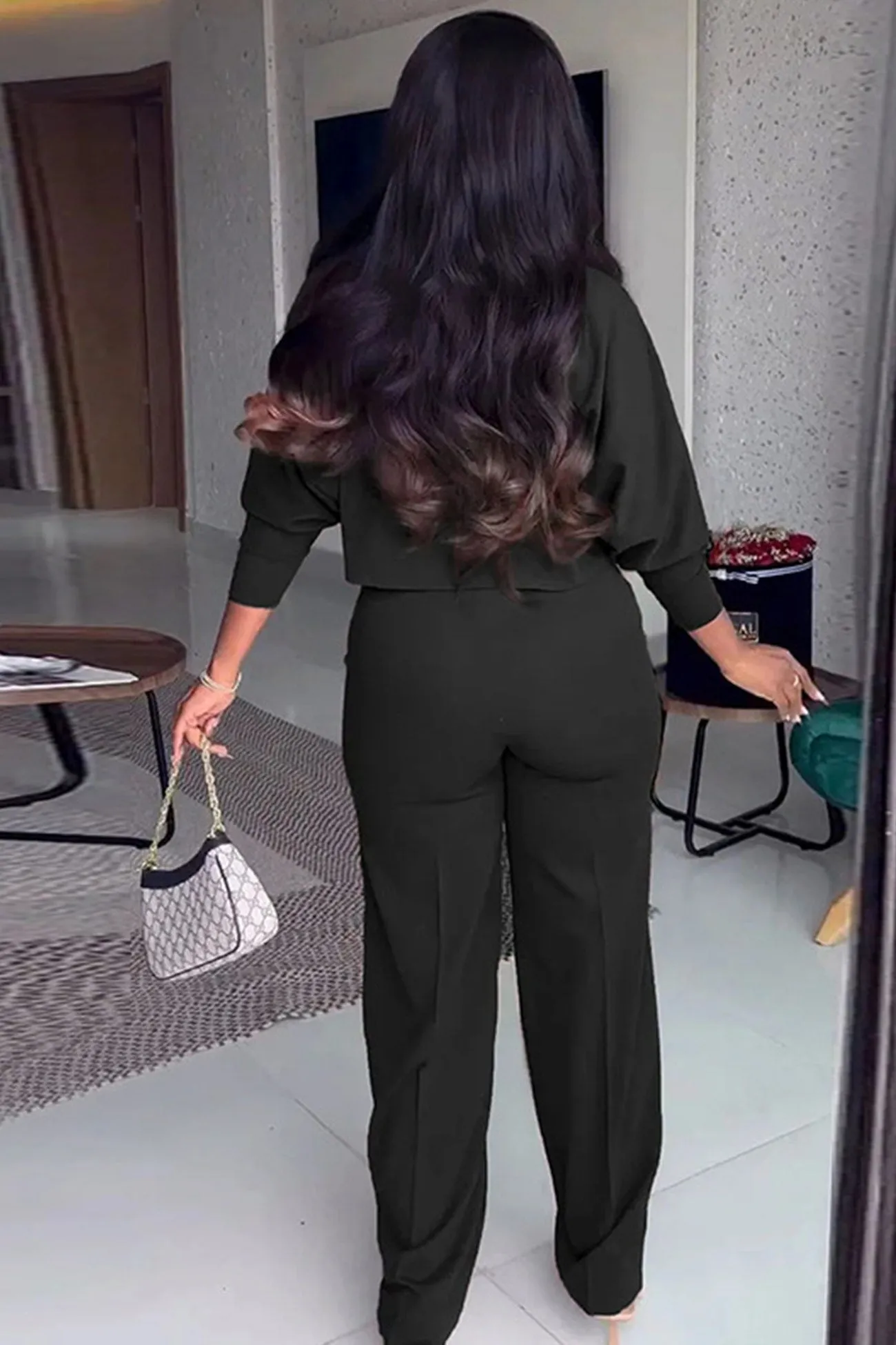 Stand Neck Cropped Shirt Cutout Long Pants Suits