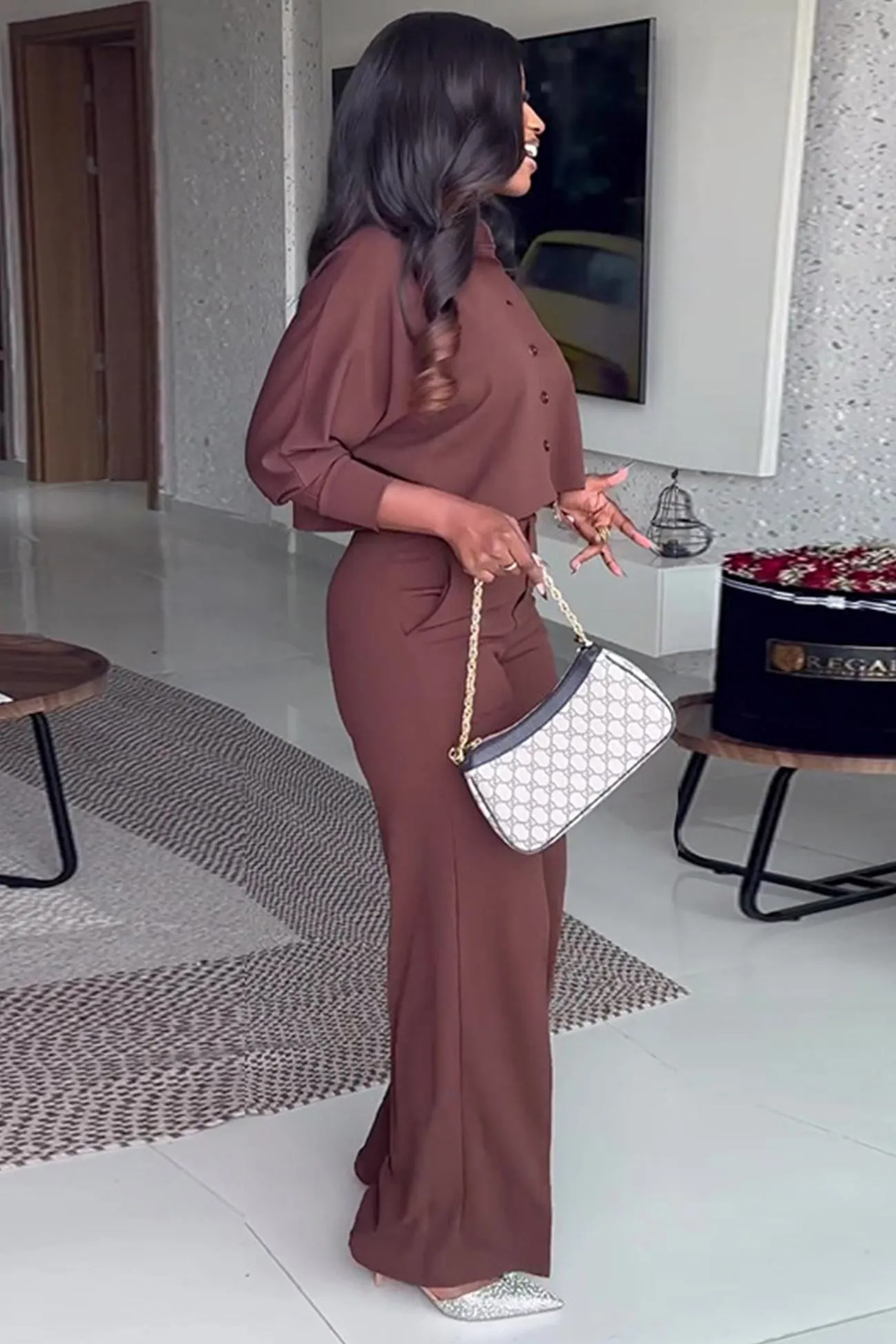 Stand Neck Cropped Shirt Cutout Long Pants Suits