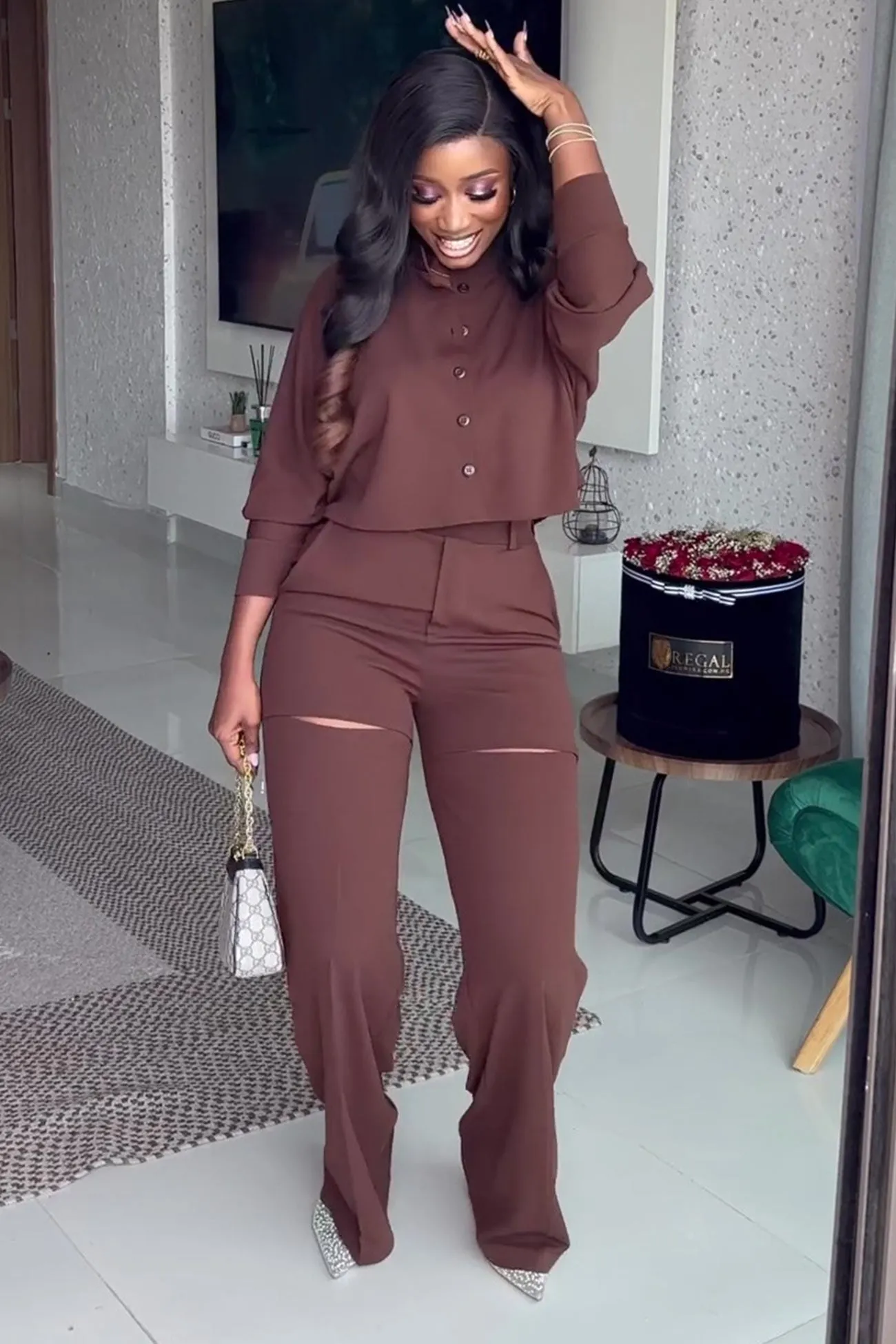 Stand Neck Cropped Shirt Cutout Long Pants Suits