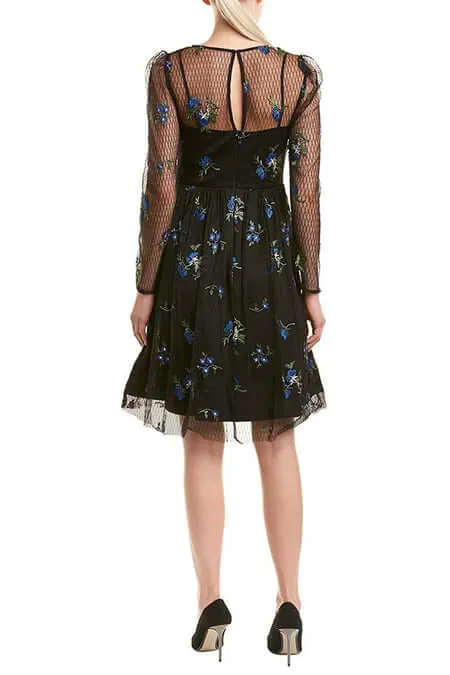 Taylor Boat Neck Long Sleeve Illusion A-Line Keyhole Back Embroidered Mesh Dress