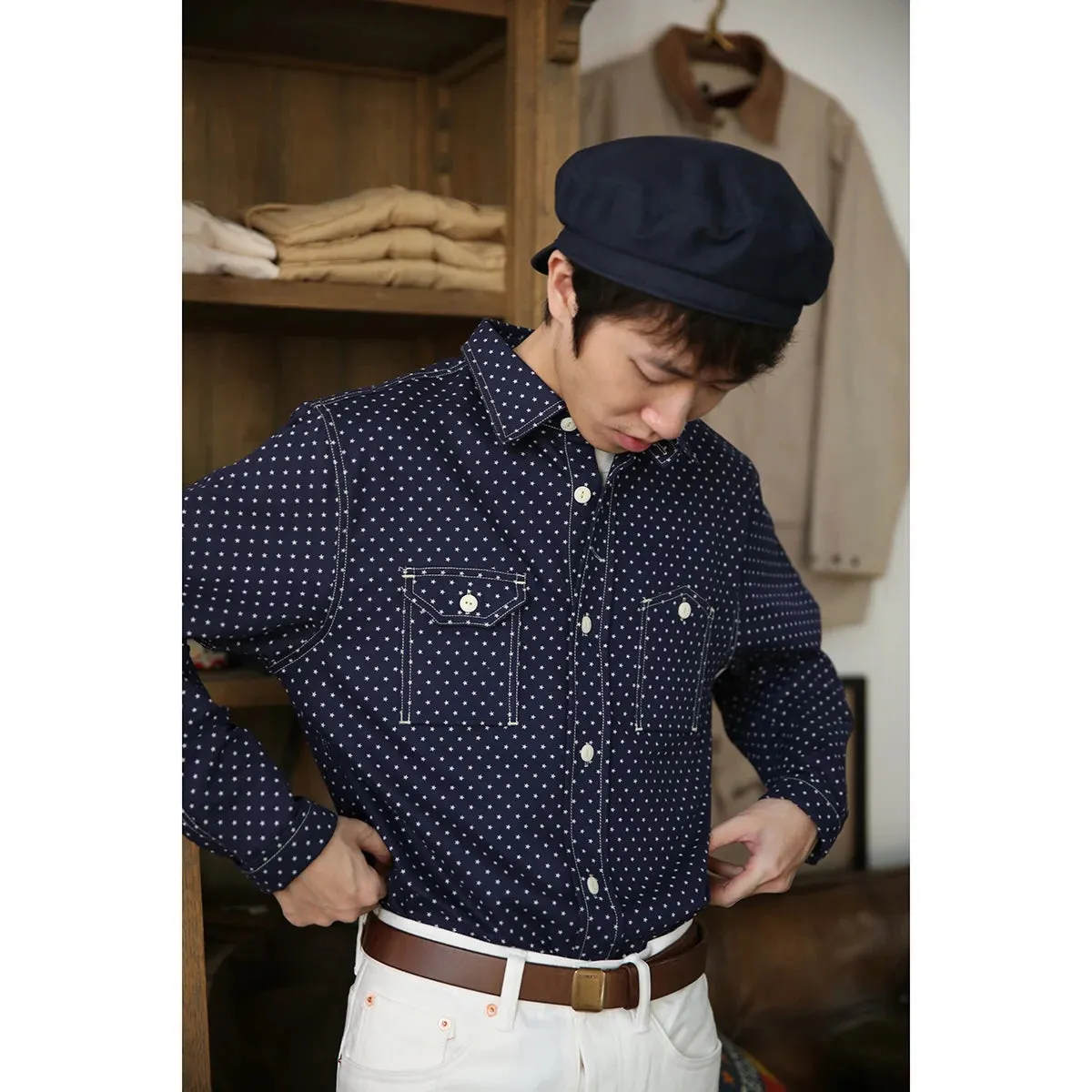 Wabash Star Print Work Shirt - Indigo Vintage Inspired Long Sleeve Shirt