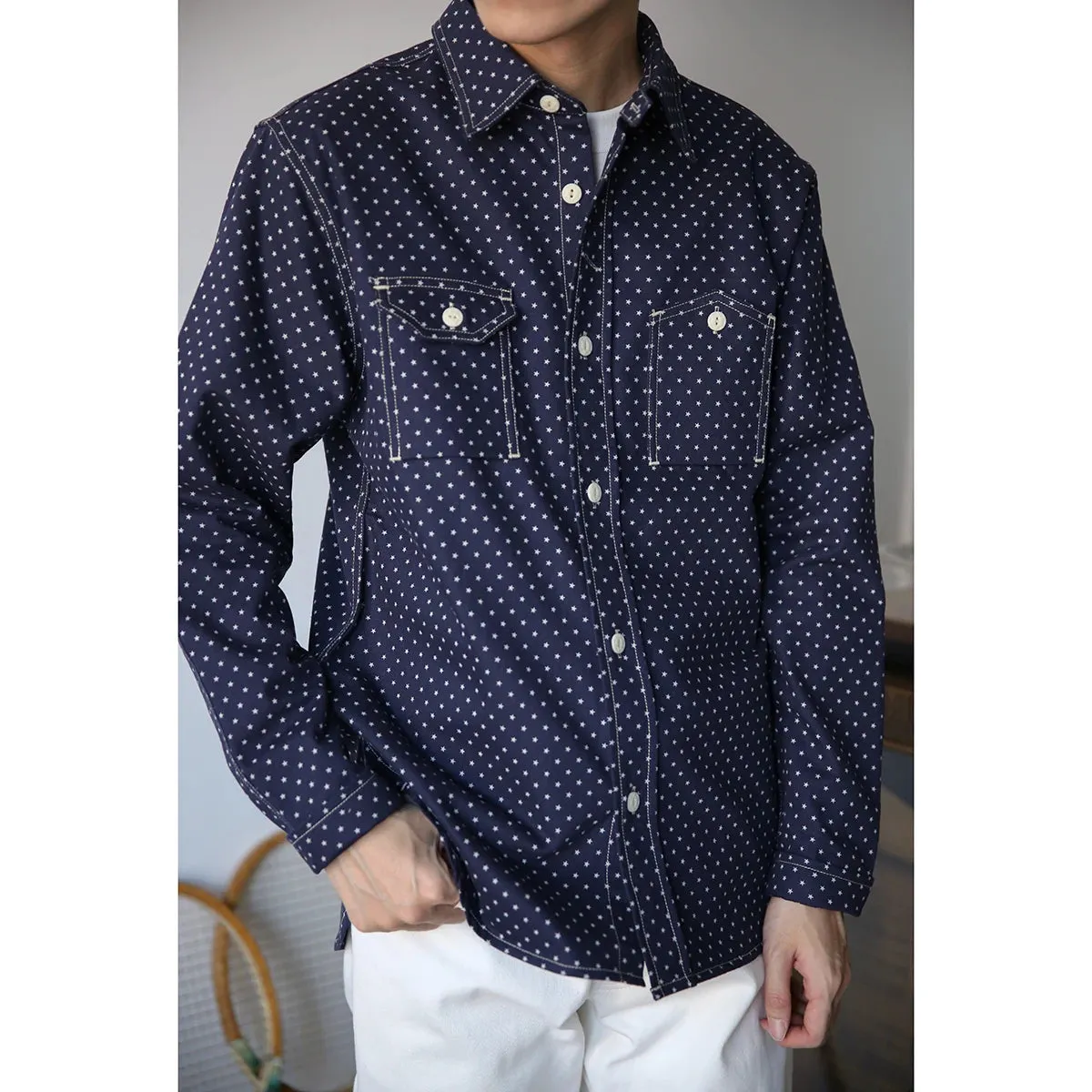 Wabash Star Print Work Shirt - Indigo Vintage Inspired Long Sleeve Shirt
