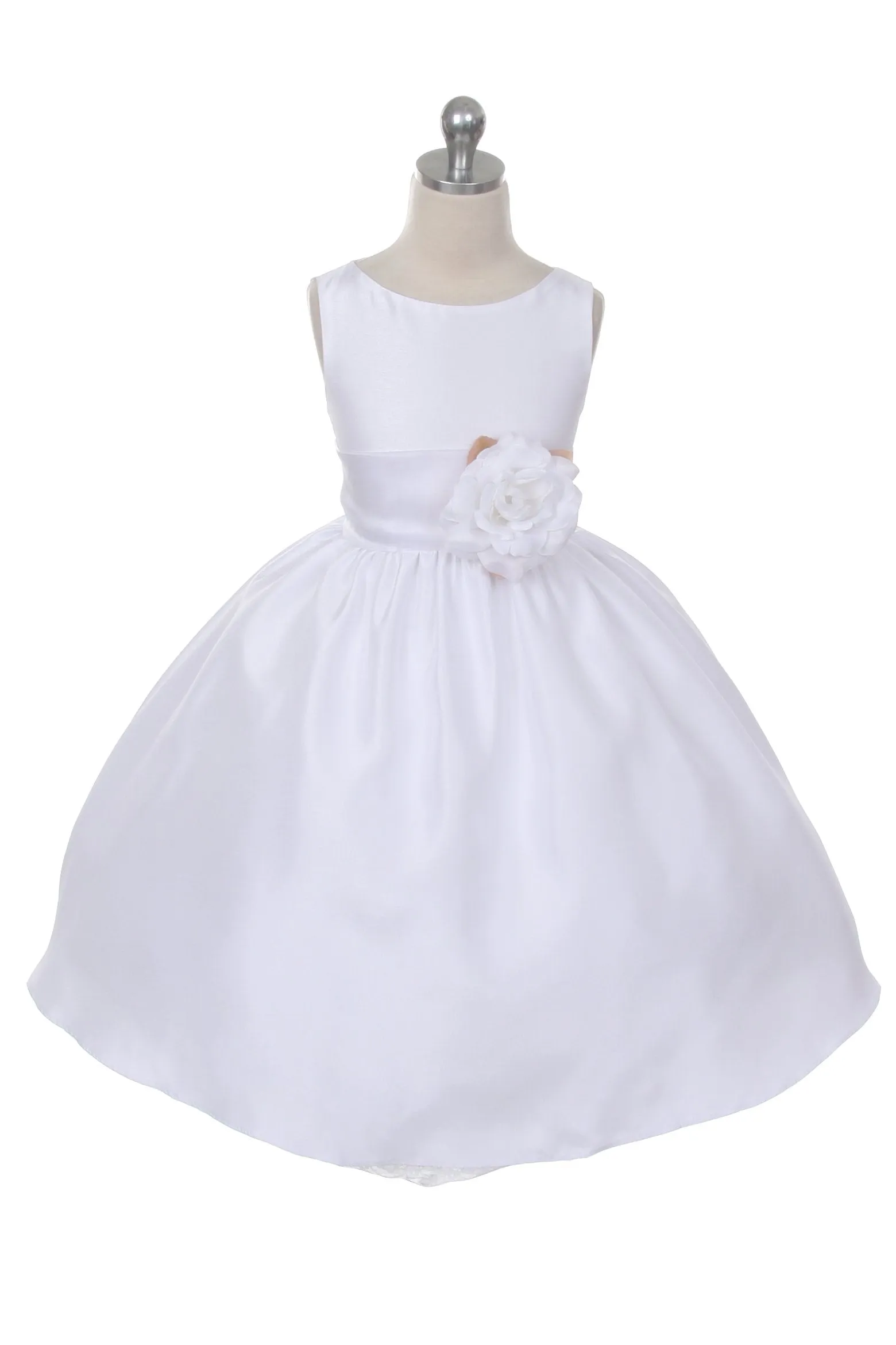 White Classic Poly Silk Girls Dress with Organza Sash