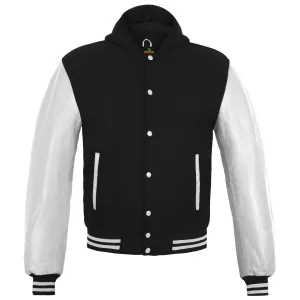 Womens Hoodie Wool body Genuine Cowhide Leather Arm Sleeves College Letterman Varsity HoodieHoodie Wool Leather Black/White